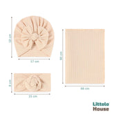 Baby Knotted Waffle Turban with Hairband and Blanket Set of 3 SR089 | NB | Beige